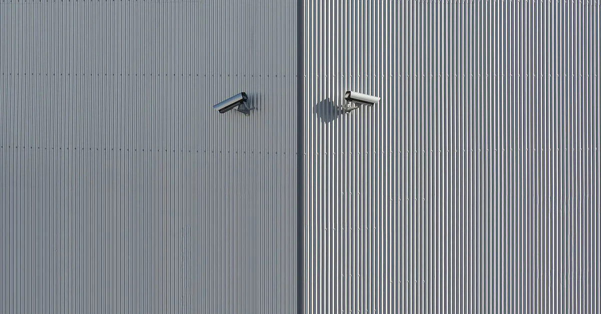 Mur en métal ondulé avec deux caméras de sécurité fixées dans un style minimaliste.