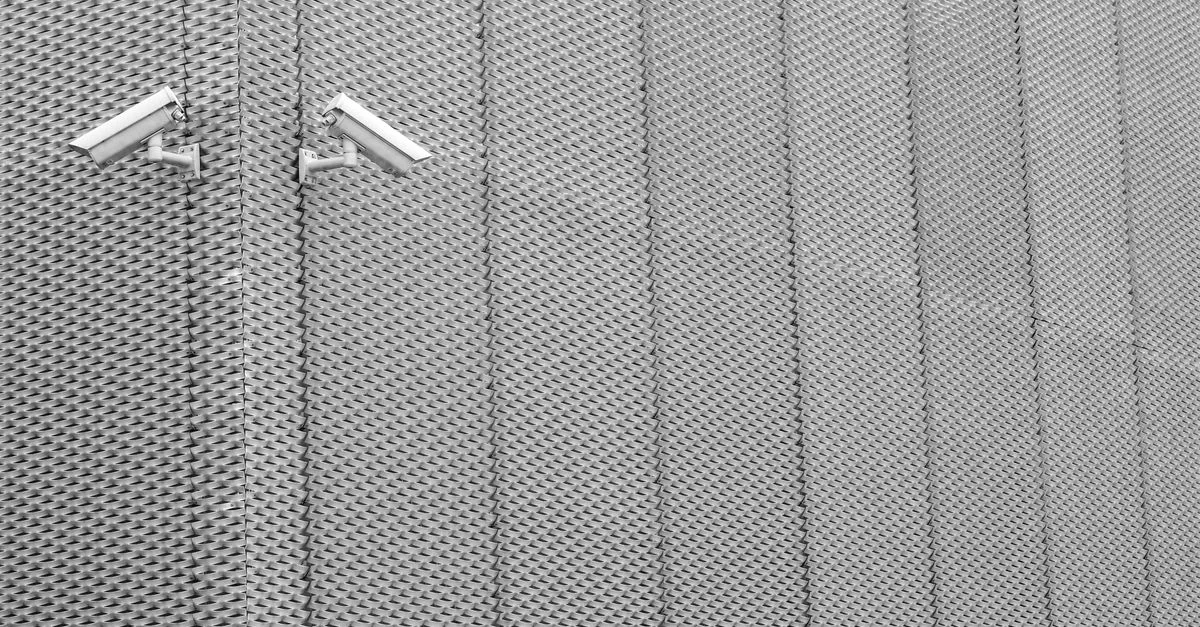 Deux caméras de surveillance montées sur un mur en métal texturé, illustrant une architecture moderne.