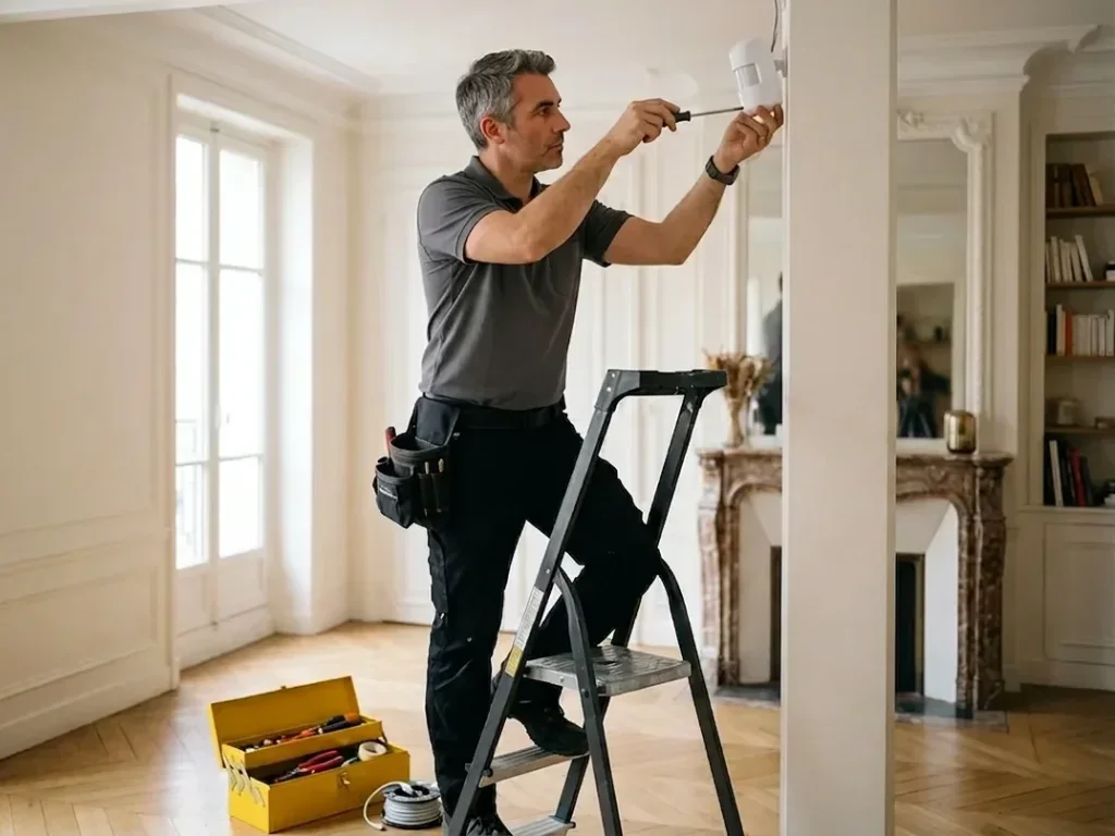 Technicien professionnel installant un détecteur de mouvement dans un intérieur parisien moderne et sécurisé.