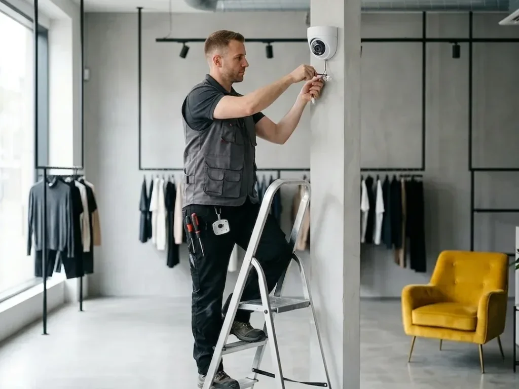 Technicien expert installant une alarme certifiée pour sécuriser les locaux d'une boutique parisienne.
