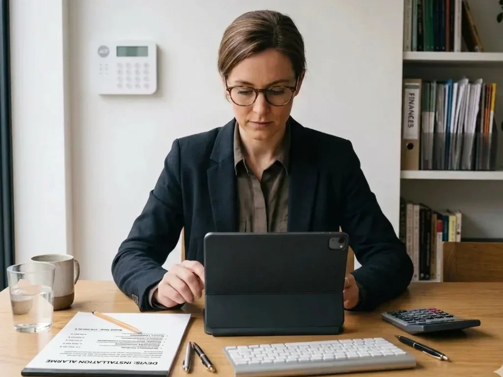 Femme examinant des formulaires fiscaux pour obtenir des aides financières sur son système d'alarme.