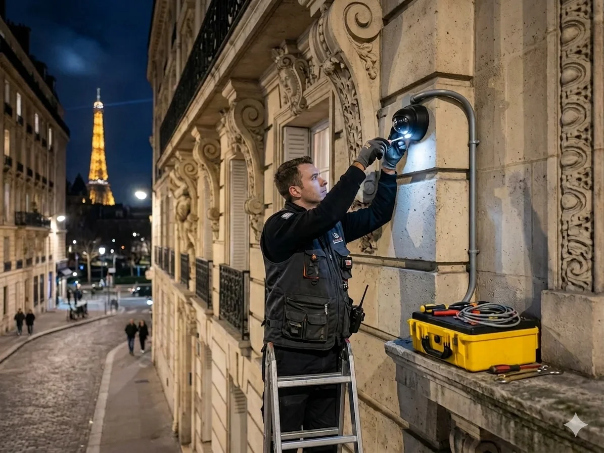 Technicien installant une caméra de surveillance sur un bâtiment parisien pour une protection nocturne optimale.