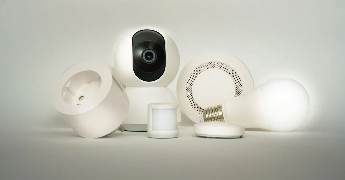 Une collection de dispositifs de maison intelligente, y compris une caméra, une ampoule et des capteurs, en exposition.