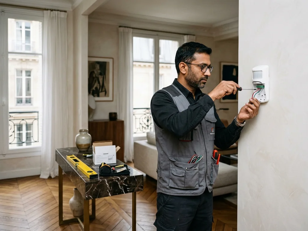 Expert en sécurité installant un capteur de mouvement pour un devis d'alarme résidentiel certifié.