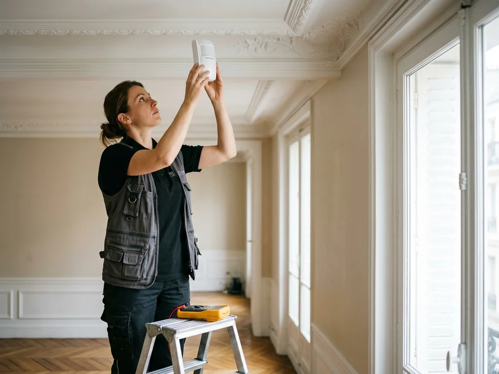 Technicienne qualifiée installant un capteur de mouvement dans un intérieur parisien pour sécuriser le domicile.